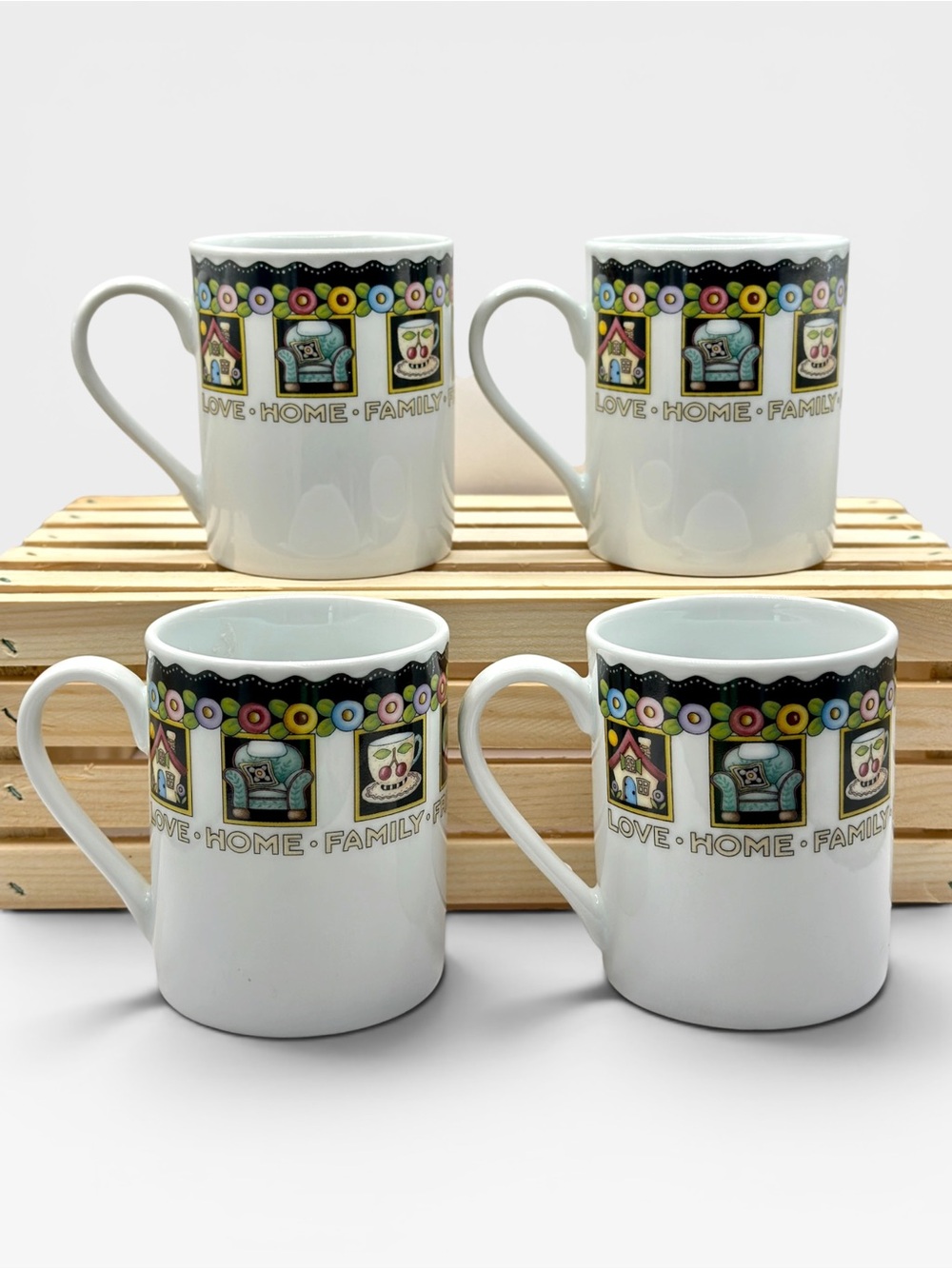 2001 Mary Engelbreit ME 4” Love Home Family Mugs with Colorful Border Pattern x4